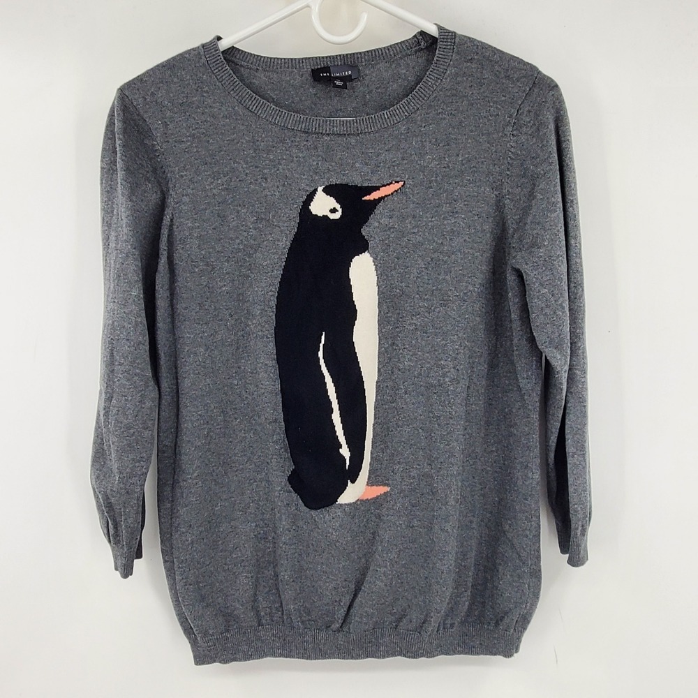 The Limited Womens Grey Penguin Intarsia Cotton Knit Crewneck Sweater Medium